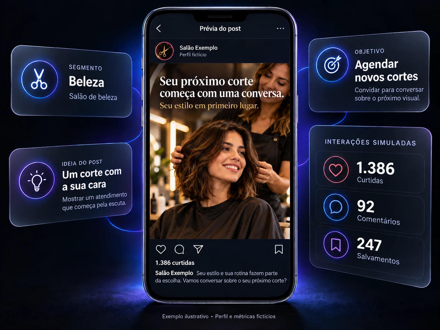 Exemplo de post para salão de beleza: "Seu próximo corte começa com uma conversa."
